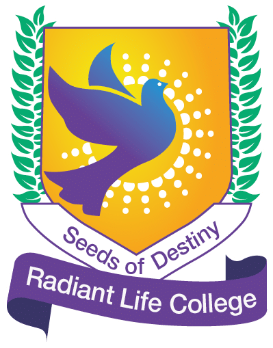 Emblem of radiant life college blue purple dove over an orange shield with green laurel white sunburst dots and banners reading seeds of destiny and radiant life college