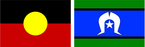 Two flags side by side the australian aboriginal flag black top red bottom yellow circle and a green bordered flag with a blue center featuring a white emblem and star
